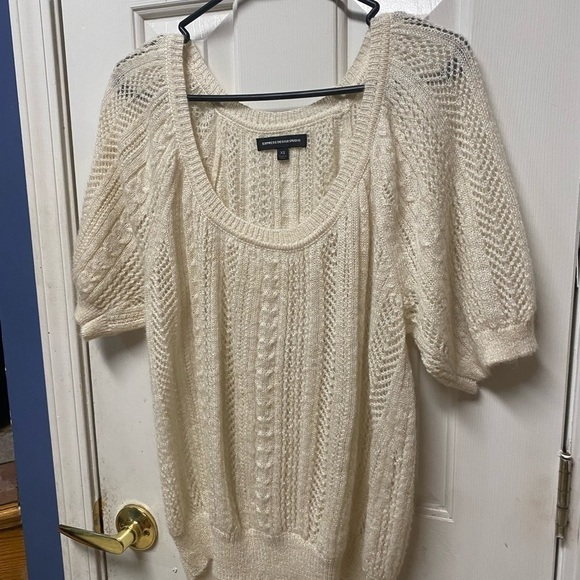 Express Design Studio XS Cream Short Sleeve Scoop Neck Open Knit Sweater Women's - Picture 2 of 7